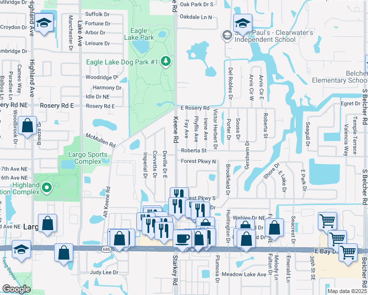 map of restaurants, bars, coffee shops, grocery stores, and more near 2540 Roberta Street in Largo