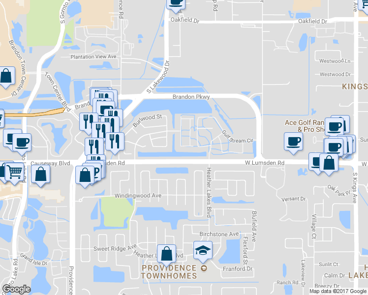 map of restaurants, bars, coffee shops, grocery stores, and more near 637 Kensington Lake Circle in Brandon