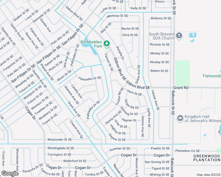 map of restaurants, bars, coffee shops, grocery stores, and more near 2817 Palisades Drive Southeast in Palm Bay