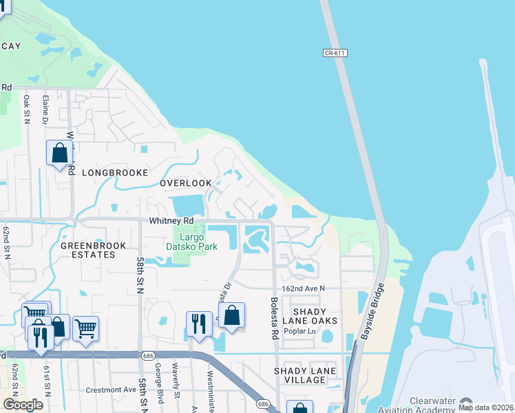 map of restaurants, bars, coffee shops, grocery stores, and more near 3301 Whitney Road in Clearwater