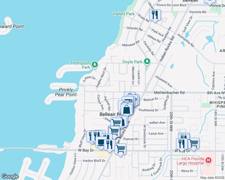 map of restaurants, bars, coffee shops, grocery stores, and more near 321 Mehlenbacher Road in Belleair Bluffs