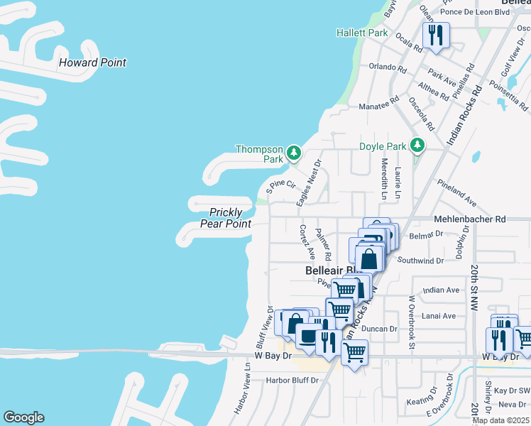 map of restaurants, bars, coffee shops, grocery stores, and more near 777 Bluff View Drive in Belleair Bluffs