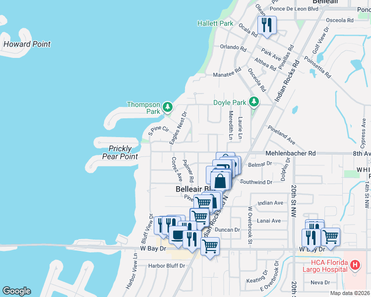 map of restaurants, bars, coffee shops, grocery stores, and more near 318 Mehlenbacher Road in Belleair