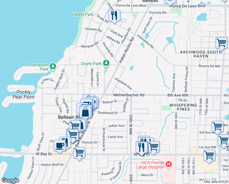 map of restaurants, bars, coffee shops, grocery stores, and more near 1745 Golf View Drive in Belleair