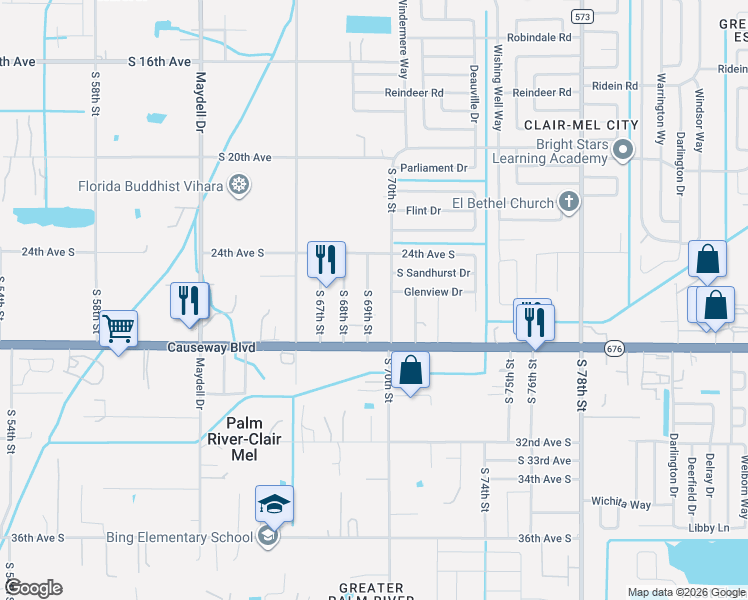map of restaurants, bars, coffee shops, grocery stores, and more near 2601 South 70th Street in Tampa