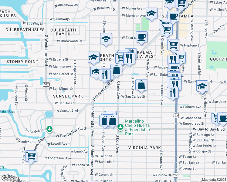 map of restaurants, bars, coffee shops, grocery stores, and more near 2308 South Thixton Court in Tampa