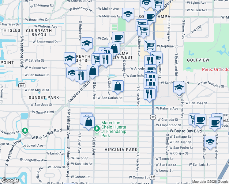 map of restaurants, bars, coffee shops, grocery stores, and more near 2308 South Clark Avenue in Tampa