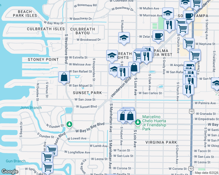 map of restaurants, bars, coffee shops, grocery stores, and more near 2302 South Manhattan Avenue in Tampa