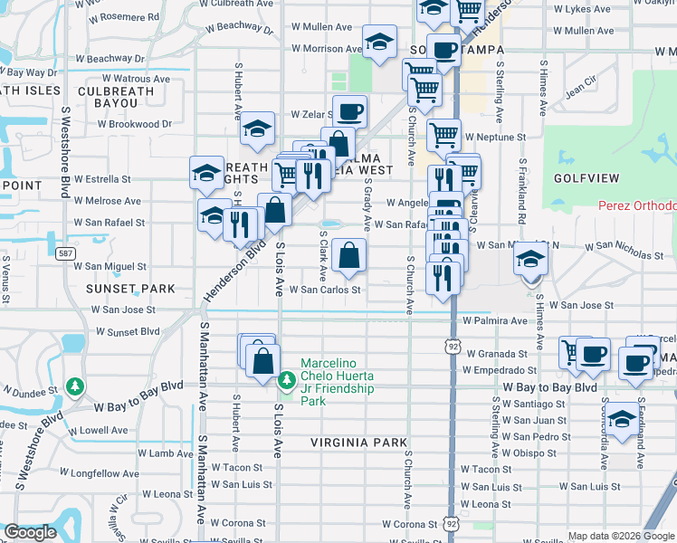 map of restaurants, bars, coffee shops, grocery stores, and more near 2308 South Clark Avenue in Tampa