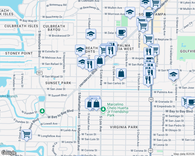 map of restaurants, bars, coffee shops, grocery stores, and more near 2308 South Thixton Court in Tampa