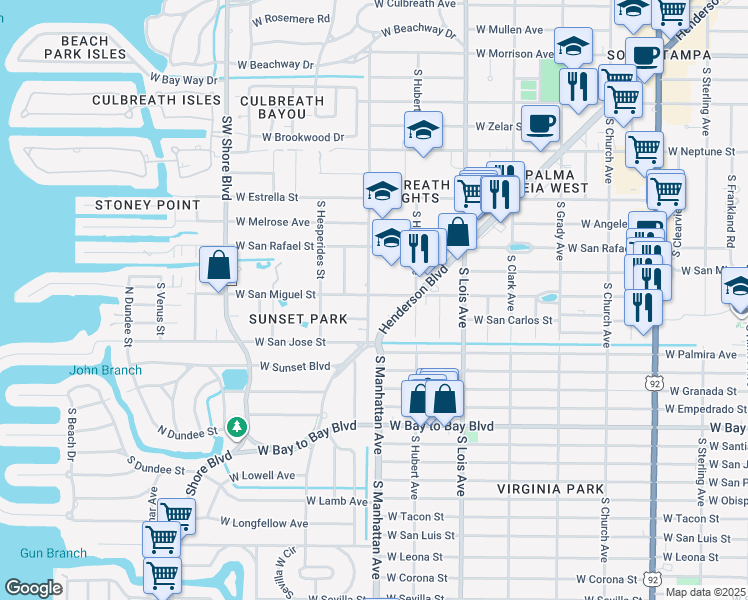 map of restaurants, bars, coffee shops, grocery stores, and more near 2302 South Manhattan Avenue in Tampa