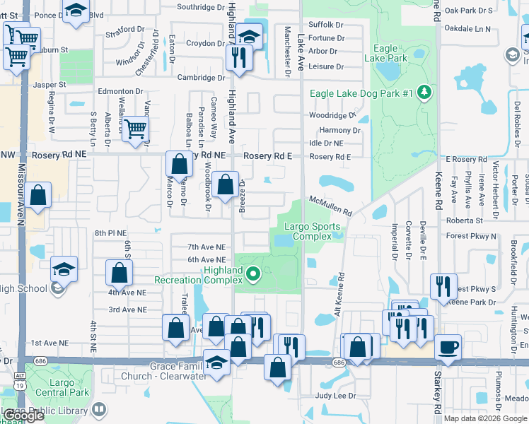 map of restaurants, bars, coffee shops, grocery stores, and more near 1237 Rosewood Street in Largo