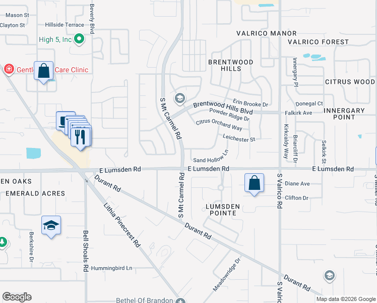 map of restaurants, bars, coffee shops, grocery stores, and more near 1601 Sand Hollow Lane in Valrico