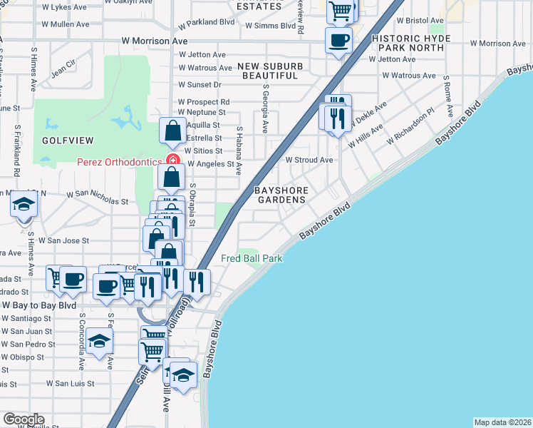 map of restaurants, bars, coffee shops, grocery stores, and more near 2506 West Tennessee Avenue in Tampa