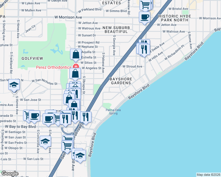 map of restaurants, bars, coffee shops, grocery stores, and more near 2526A West Maryland Avenue in Tampa