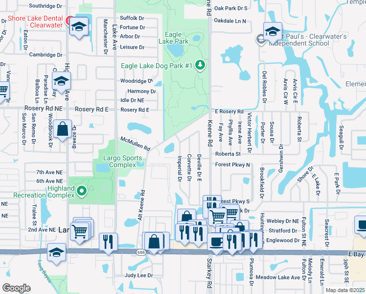 map of restaurants, bars, coffee shops, grocery stores, and more near 2095 Fairlane Drive in Largo