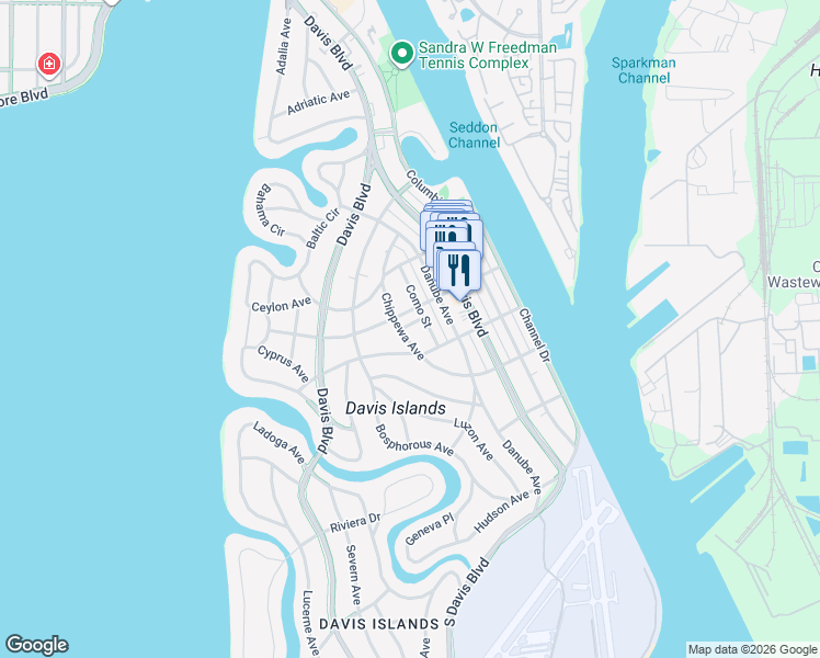 map of restaurants, bars, coffee shops, grocery stores, and more near 313 Chippewa Avenue in Tampa