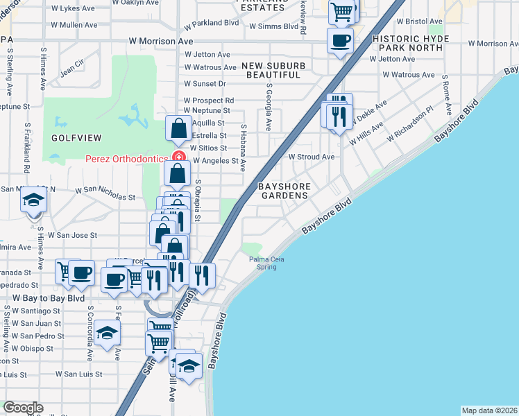map of restaurants, bars, coffee shops, grocery stores, and more near 2526A West Maryland Avenue in Tampa