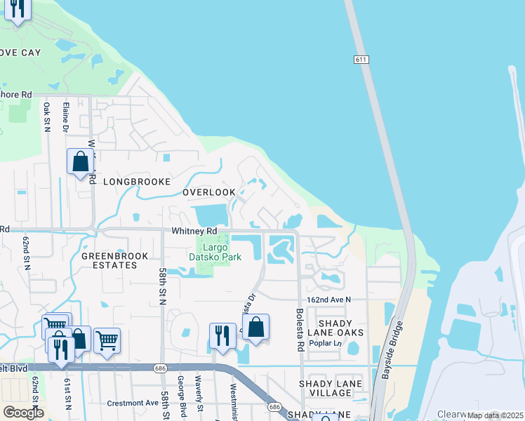 map of restaurants, bars, coffee shops, grocery stores, and more near 3301 Whitney Road in Clearwater