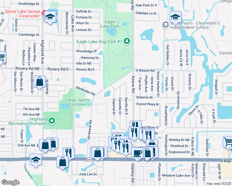 map of restaurants, bars, coffee shops, grocery stores, and more near 2095 Fairlane Drive in Largo