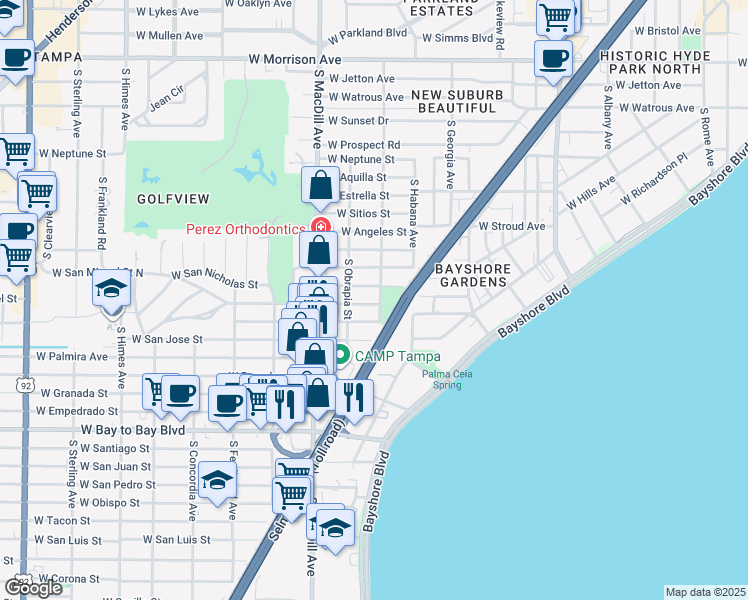 map of restaurants, bars, coffee shops, grocery stores, and more near 2903 West San Miguel Street in Tampa
