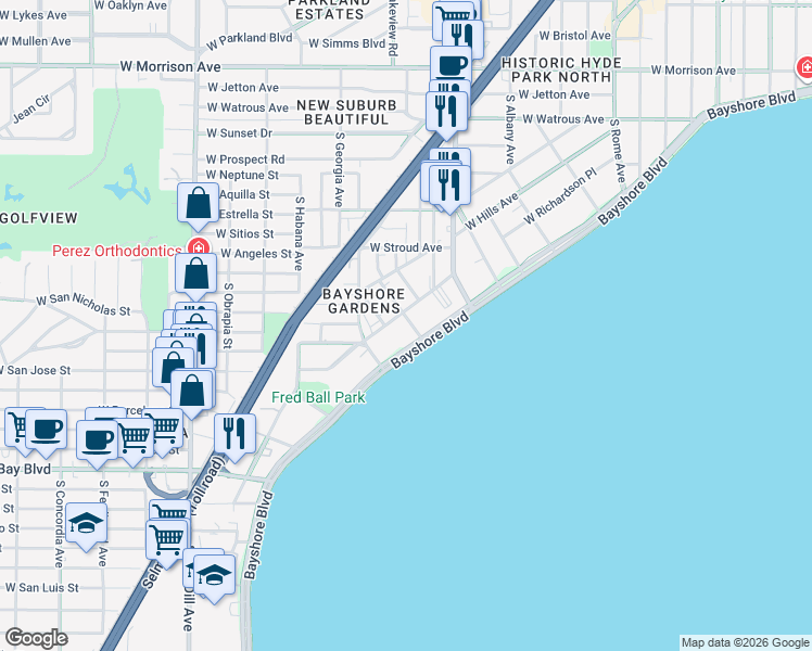 map of restaurants, bars, coffee shops, grocery stores, and more near 1517 South Bay Villa Place in Tampa