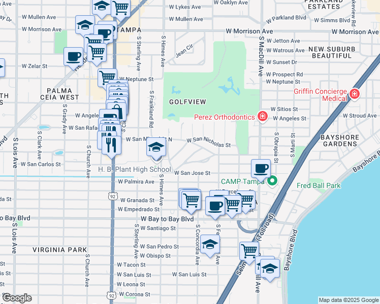 map of restaurants, bars, coffee shops, grocery stores, and more near 3401 South Virginia Court in Tampa