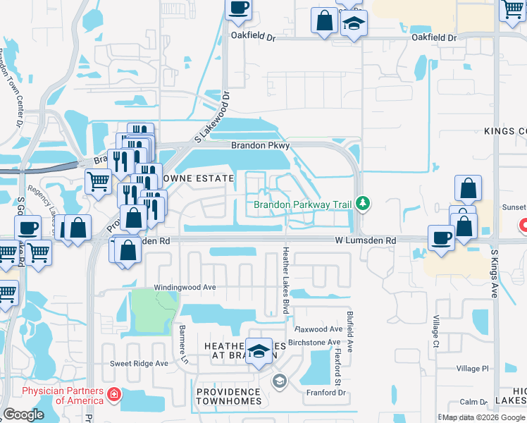 map of restaurants, bars, coffee shops, grocery stores, and more near 579 Kensington Lake Circle in Brandon