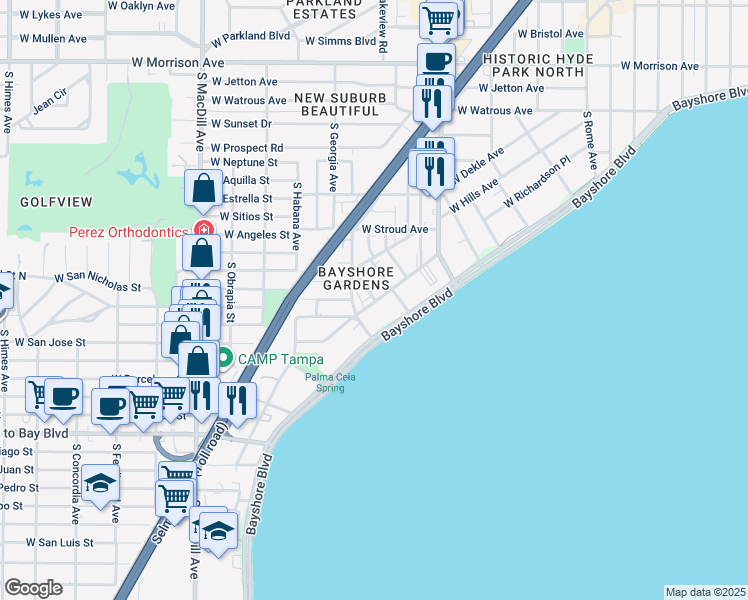 map of restaurants, bars, coffee shops, grocery stores, and more near in Tampa