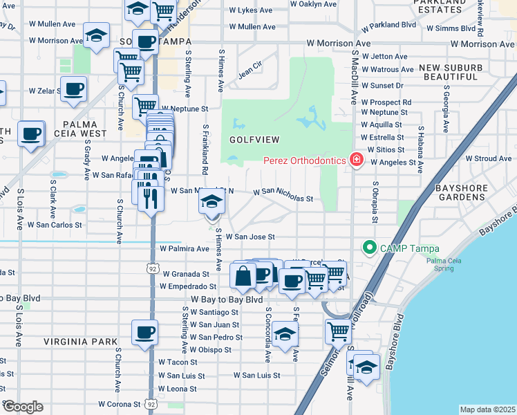 map of restaurants, bars, coffee shops, grocery stores, and more near 3401 South Virginia Court in Tampa