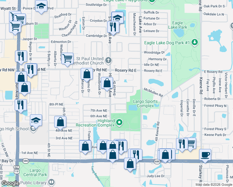 map of restaurants, bars, coffee shops, grocery stores, and more near 1113 Breeze Drive in Largo