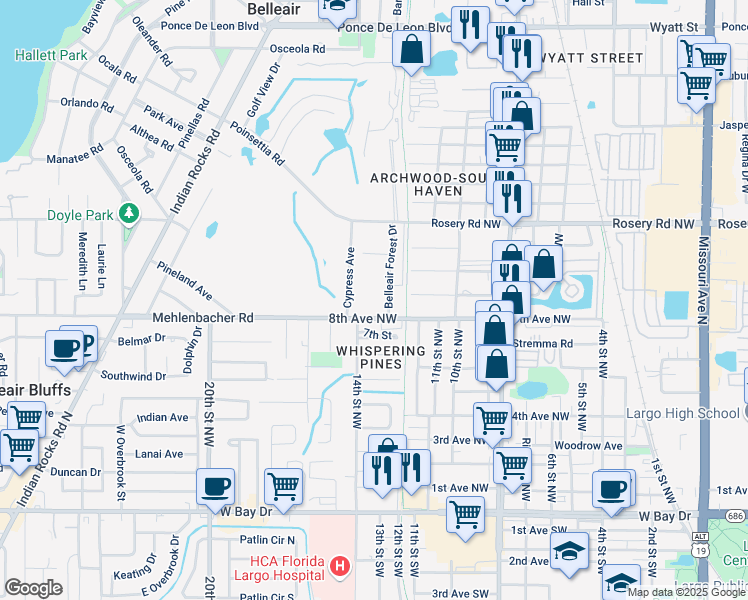 map of restaurants, bars, coffee shops, grocery stores, and more near 1721 Belleair Forest Drive in Belleair