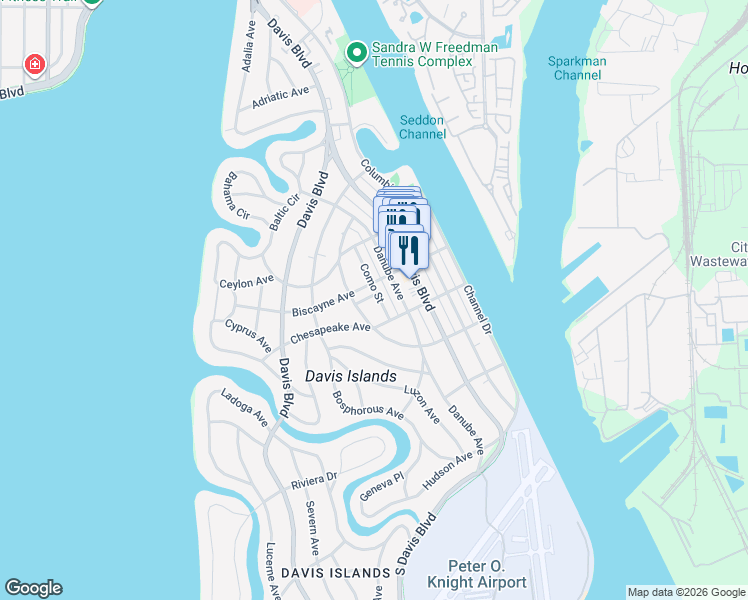 map of restaurants, bars, coffee shops, grocery stores, and more near 104 West Targa Court in Tampa