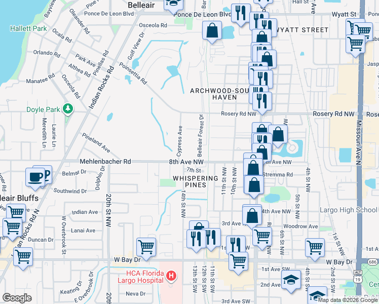 map of restaurants, bars, coffee shops, grocery stores, and more near 1721 Belleair Forest Drive in Belleair