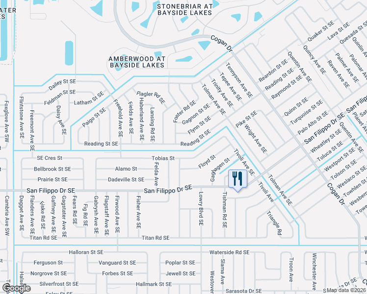 map of restaurants, bars, coffee shops, grocery stores, and more near 599 Reading Street Southeast in Palm Bay