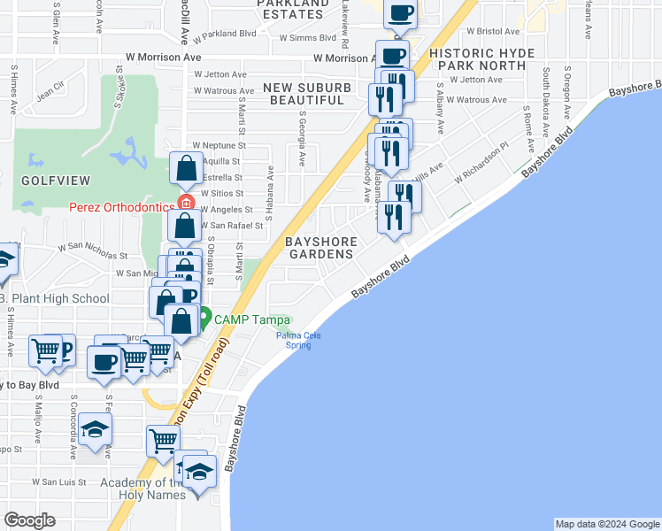 map of restaurants, bars, coffee shops, grocery stores, and more near in Tampa