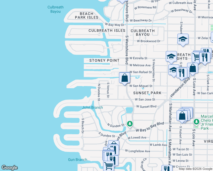 map of restaurants, bars, coffee shops, grocery stores, and more near 2114 South Venus Street in Tampa