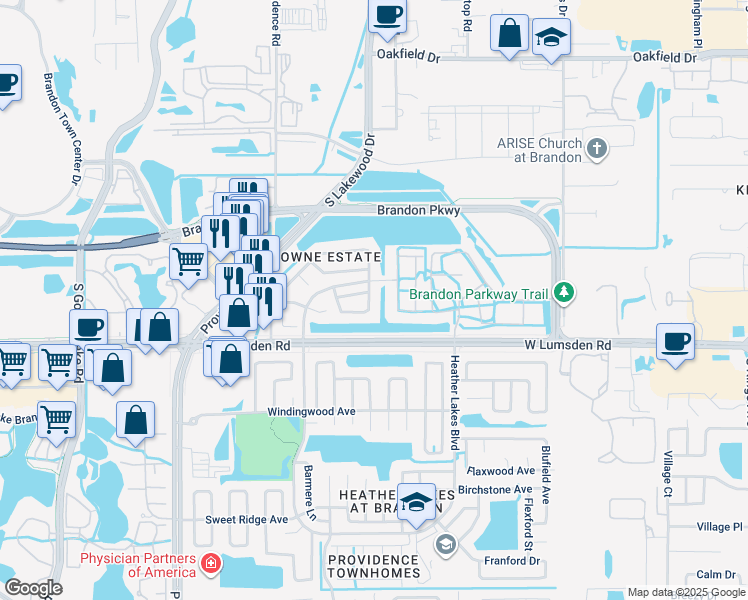 map of restaurants, bars, coffee shops, grocery stores, and more near 739 Kensington Lake Circle in Brandon