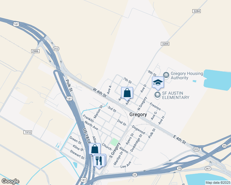 map of restaurants, bars, coffee shops, grocery stores, and more near in Gregory