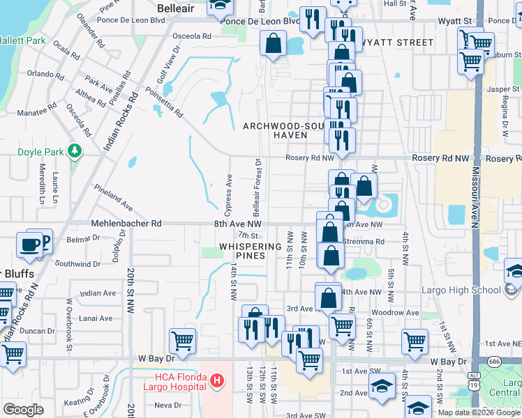 map of restaurants, bars, coffee shops, grocery stores, and more near 1721 Belleair Forest Drive in Belleair