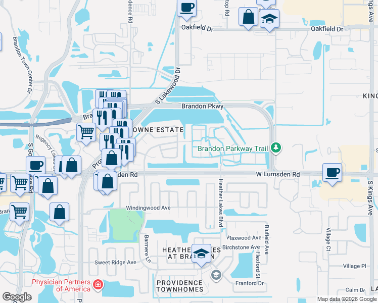 map of restaurants, bars, coffee shops, grocery stores, and more near 739 Kensington Lake Circle in Brandon