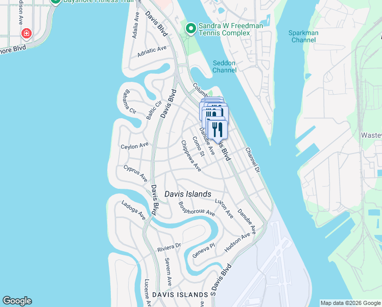 map of restaurants, bars, coffee shops, grocery stores, and more near 108 Biscayne Avenue in Tampa