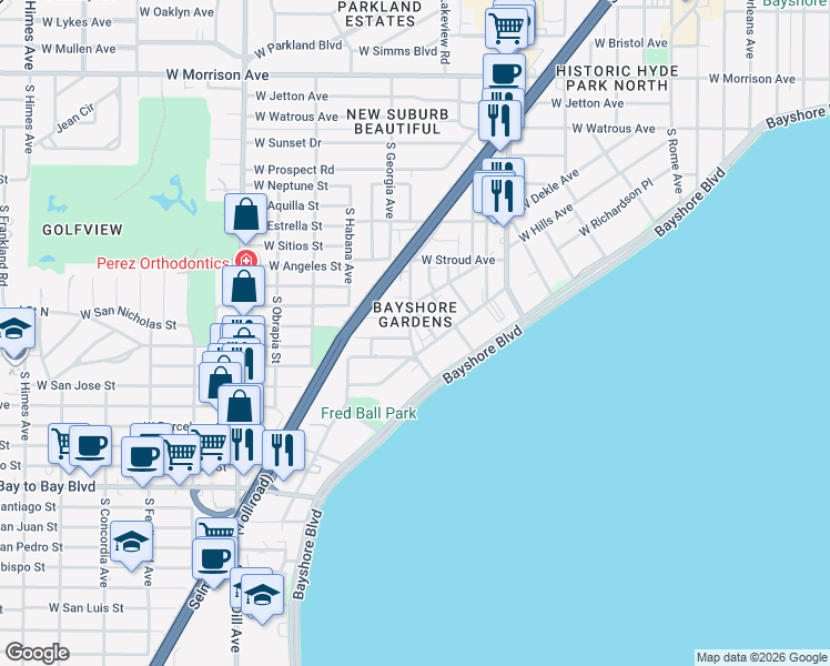 map of restaurants, bars, coffee shops, grocery stores, and more near in Tampa