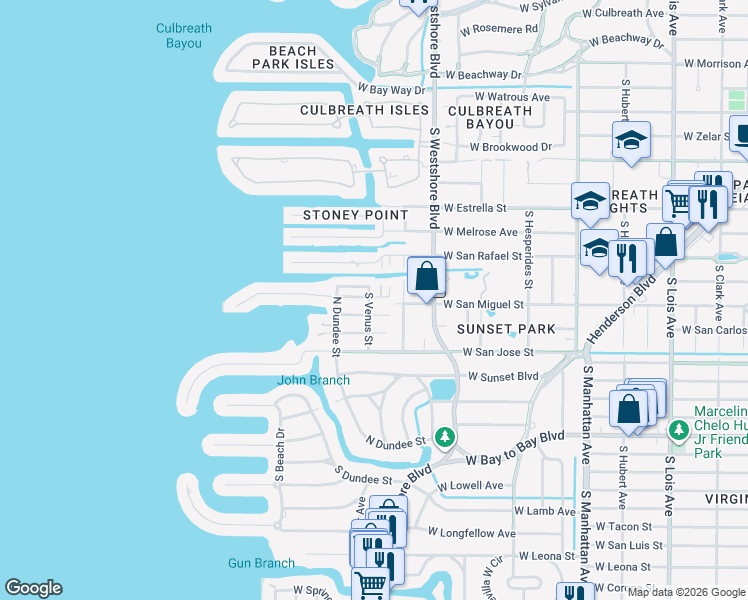 map of restaurants, bars, coffee shops, grocery stores, and more near 2118 South Venus Street in Tampa