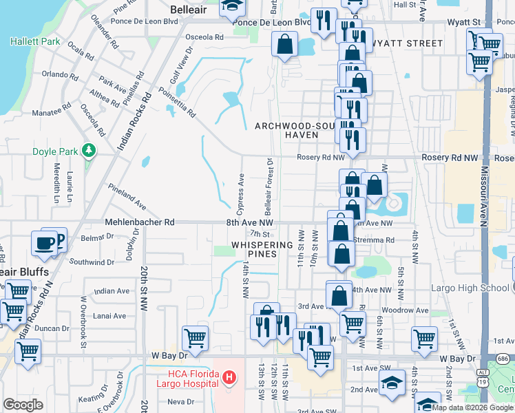 map of restaurants, bars, coffee shops, grocery stores, and more near 1750 Belleair Forest Drive in Belleair