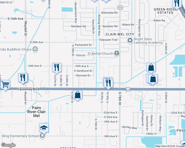 map of restaurants, bars, coffee shops, grocery stores, and more near 7028 South Sandhurst Drive in Tampa