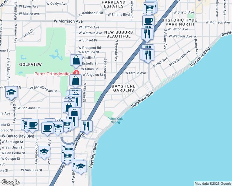 map of restaurants, bars, coffee shops, grocery stores, and more near 2514 West Kansas Avenue in Tampa