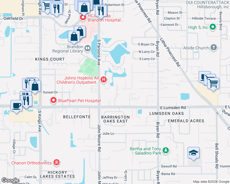 map of restaurants, bars, coffee shops, grocery stores, and more near 146 Parsons Park Drive in Brandon