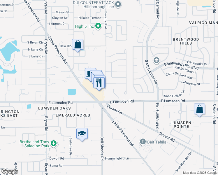 map of restaurants, bars, coffee shops, grocery stores, and more near 904 Terra Vista Street in Brandon