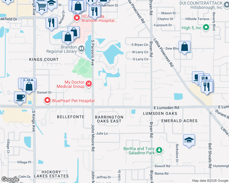 map of restaurants, bars, coffee shops, grocery stores, and more near 211 Elm View Court in Brandon